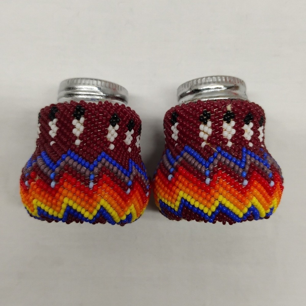 Native American Beaded On Glass Mini Salt & Pepper Shakers Leather on Bottom